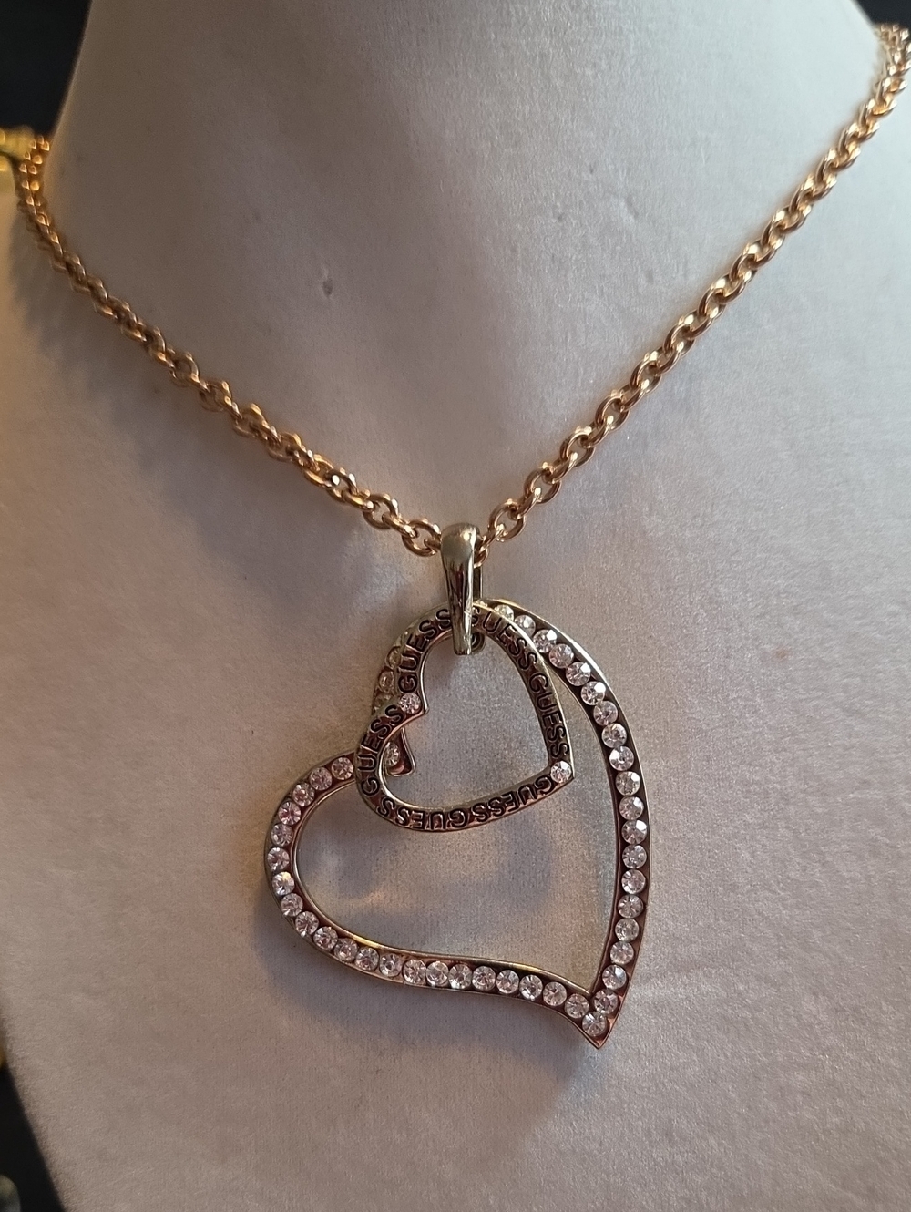 Guess Gold Double Heart Crystal Pendant Necklace 17"
